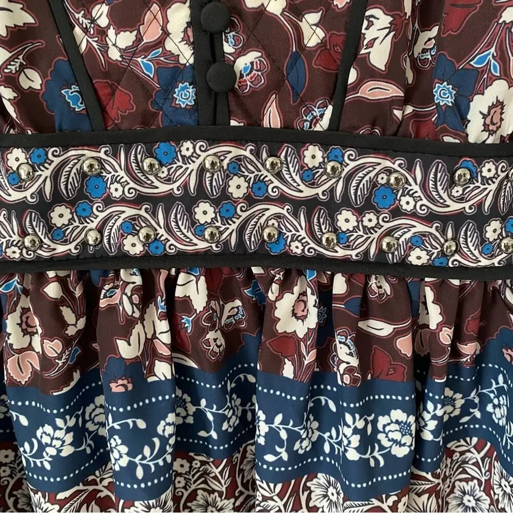 Kate Spade Patchwork Rosetta Dress size 6 Deep Russet Blue and silver studs